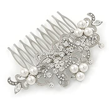 【中古】【輸入品・未使用】Bridal/Wedding/ Prom/Party Rhodium Plated Clear Austrian Crystal Faux Pearl Floral Side Hair Comb - 90mm【メー...