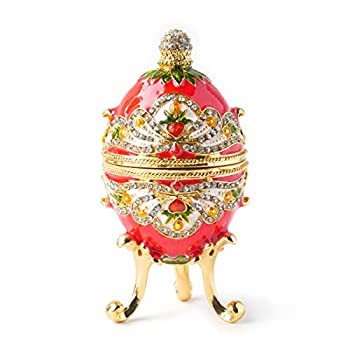 Hand- Painted Vintage Style Royal Faberge Egg with Rich Enamel and Sparkling Rhinestones Jewelry Trinket Box (RED)