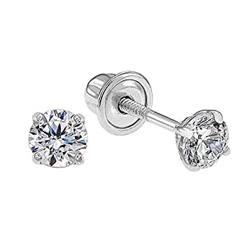 White Gold - 【中古】【輸入品・未使用】14K ホワイトゴールド ソリティア ラウンド キュービックジルコニア キュービックジルコニア キュービックジルコニア スタッドピアス 安全なスク