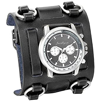 【中古】【輸入品・未使用】JewelryWeブラックヒップホップゴシックパンクスタイルメンズ腕時計Wideレザーファッションカフ腕時計
