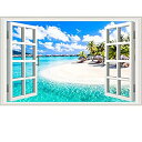 yÁzyAiEgpz(Beach Seascape 23.6x35.4 inch) - 3D Beach Seascape Fake Windows Wall Stickers Removable Faux Windows Wall Decal Landscape Wall Decor F