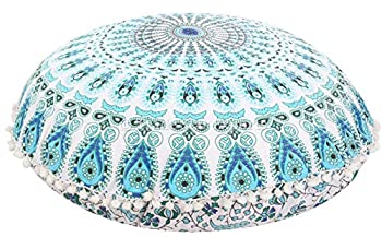 【中古】【輸入品 未使用】(1) - Large 80cm Round Pillow Cover カンマ Decorative Mandala Pillow Sham カンマ Indian Bohemian Ottoman Pouffes カンマ Pom Pom Pillow Cases