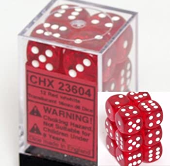 šۡ͢ʡ̤ѡTranslucent 16mm d6 Red w/White Dice Block 12 pipped dice...