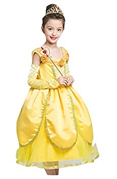 【中古】【輸入品・未使用】美女と野獣風 ベル風 衣装 ドレス 子供用 クリスマス キッズ ハロウィン コスプレ 仮装 発表会 4点セット イエロー (130cm) [並行輸入品]