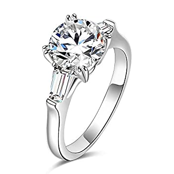 espere スターリングシルバー 2カラット CZ バゲット ラウンド ソリティア 婚約指輪 ブライダル ウェディングジュエリー