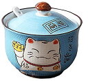 【中古】【輸入品 未使用】Ceramics Japanese Maneki Neko Lucky Cat Sugar Salt PepperストレージJar蓋 スプーン free ブルー