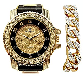 【中古】【輸入品・未使用】チャールズ・Raymond Iced OutブラックゴムヒップホップBullet Gold Tone Watch w/Bling 'dアウトゴールドキューバブレスレット???7758rbキュー