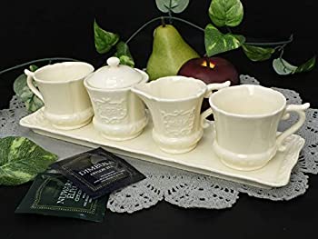 【中古】【輸入品・未使用】トレイ付き シュガーポット&ミルクポットとカップ2個セット アイボリー (SL..