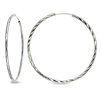 【中古】【輸入品・未使用】スターリングシルバー 光沢ダイヤモンドカット ラウンド ミディアム エンドレスフープイヤリング レディース ガールズ (1.5または2mm、35mm - 70