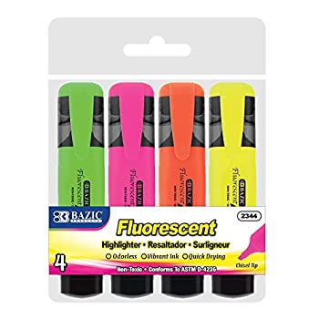 BAZIC Fluorescent Highlighters w/ Pocket Clip (4/Pack)