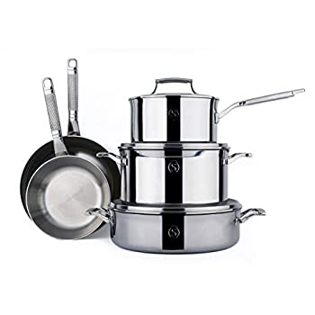 SAVEUR SELECTS 3層ステンレススチール調理器具セット 8点セット 必需品の鍋とフライパン5個 交換可能な蓋3個 誘導準備 食洗機対応 Voyageシリー