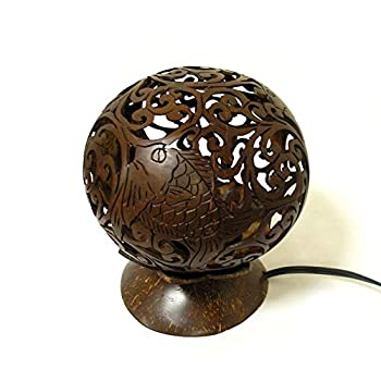 【中古】【輸入品・未使用】ココナッツ の アートランプ 丸型 お魚・唐草模様 [直径約15cm] テーブルラ..