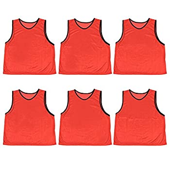 (Red) - Pack of 6 Adult Size Sports Scrimmage Pinnies with Mesh Storage Bag by Crown Sporting Goods