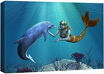 šۡ͢ʡ̤ѡWall26 - Canvas Prints Wall Art - A Friendly Dolphin Greets a Mermaid Undersea - 12 x 18 by wall26