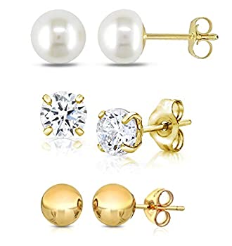 【中古】【輸入品・未使用】14Kゴールド 4mm 3個パック スタッドピアス 淡水パール ラウンドキュービッ..