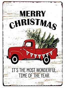 【中古】【輸入品 未使用】PXIYOU Merry Christmas Trees Funny Truck Retro Vintage Bar Metal Tin Sign Poster Style Wall Art Pub Bar Decor Coffee Cup Signs Size 8X1