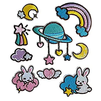 楽天スカイマーケットプラス【中古】【輸入品・未使用】9PCS Cartoon Rainbow Stars Moon Cloud Rabbit Emblem Iron On Patch Embroidered Sew On Patches for DIY Girl Skirt Dress Kid's Bag T-Shirt