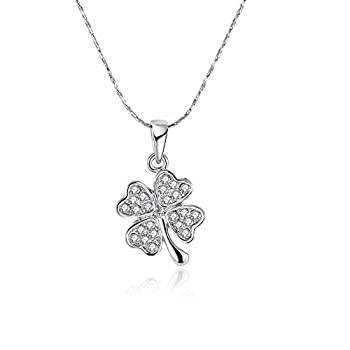 【中古】【輸入品 未使用】NABTYJC Sterling Silver Four Leaf Clover Heart-shaped Swarovski Crystal Pendant Necklace,18 with 2 Extender 並行輸入品