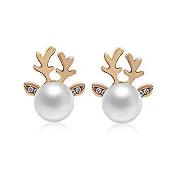 【中古】【輸入品 未使用】ROSTIVO Gold Stud Earrings for Women and Girls Cute Pearl Antler Earrings for Teen Girls 並行輸入品