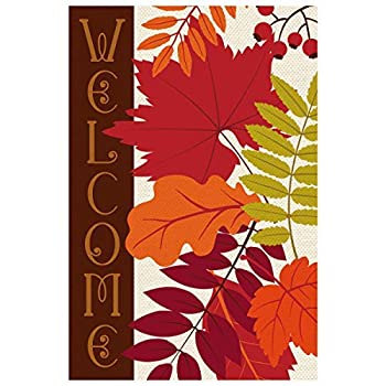 šۡ͢ʡ̤ѡTexupday Welcome Fall Leaves Red Berry Decoration Double Sided Burlap Garden Flag Autumn Outdoor Flag 12
