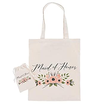 【中古】【輸入品・未使用】Maid of Honor Gift Set - 1 Cotton Canvas Tote Bag and 1 Drawstring Pouch for MOH, Gift Bags for Bridal Party, Bridal Shower Favors, Rus