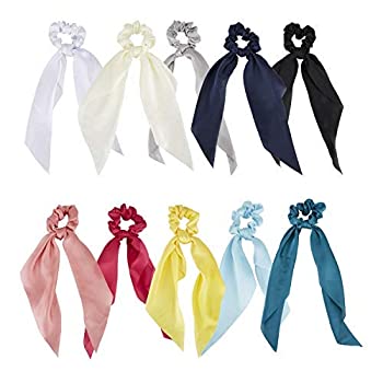 10 Pack Colorful Solid Satin Long Ribbon Knotted Hair Bows Scrunchies Hair Ties Ponytail Headbands Elastics Rubber Hairbands Bubbles Ri