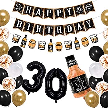 【中古】【輸入品 未使用】Sinasasspel Whiskey 30th Birthday Decorations Gold Black Aged to Perfection Birthday Party Banner Whiskey Garland, 27 Balloons for 30