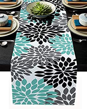 šۡ͢ʡ̤ѡFloral Table Runner-Teal Gray Black Cotton linen-Small 36 inche Dresser Scarves,Dahlia Pinnata Flower Tablerunner for Kitchen Coffee/Di