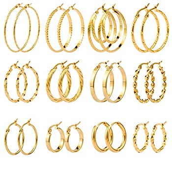 【中古】【輸入品 未使用】Jinxiuge 12 Pairs Gold Hoop Earrings Set Stainless Steel Twisted Round Small Chunky Hoop Earrings for Women Teen Girls 商品カテゴリー: