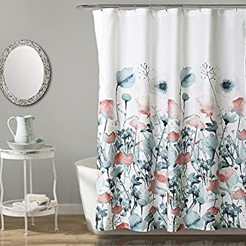 【中古】【輸入品 未使用】Lush Decor, Blue and Coral Zuri Flora Shower Curtain-Fabric Watercolor Floral Print Design, x 72, 72 inch x 72 inch 並行輸入品
