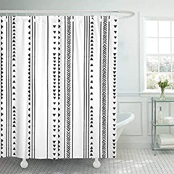 TOMPOP Shower Curtain Gray African Triangle Stripes Boho Bohemian Herringbone Pattern Monochromatic Black White Waterproof Polyester Fa