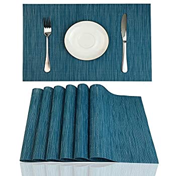 【中古】【輸入品 未使用】Red-A Placemats Set of 6 for Dining Table Heat-Resistant Washable Place Mats Woven Vinyl Kitchen Table Mats Easy to Clean,Blue 並行輸