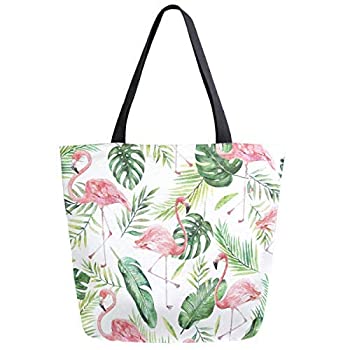 yÁzyAiEgpzZzWwR Trendy Tropical Leaves Flamingo Pattern Extra Large Canvas Market Beach Travel Reusable Grocery Shopping Tote Bag Portable Storag