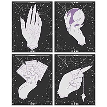 【中古】【輸入品 未使用】Occult Palm Reading Prints - Set of 4 (8x10) Inches Glossy Tarot Astrology Cosmic Celestial Black Wall Art Decor - Zodiac Major Arcana