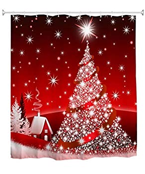 【中古】【輸入品 未使用】Ao blare 3D Christmas Tree Decoration Shower Curtain Snowflakes Twinkle Lights Red Background Shower Curtain with Hooks 72X72 Inches