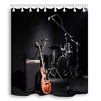 【中古】【輸入品・未使用】NYMB Music Shower Curtains Set, Musical Instruments Guitar with Drum in Black Waterproof Fabric Shower Curtain, Bathroom Curtain,Hooks