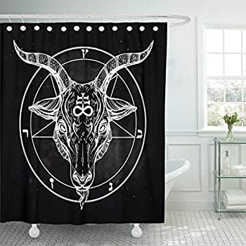 楽天スカイマーケットプラス【中古】【輸入品・未使用】Emvency Shower Curtain Pentagram with Demon Baphomet Satanic Goat Head Binary Symbol Tattoo Retro Music Summer for Biker Black Waterpro