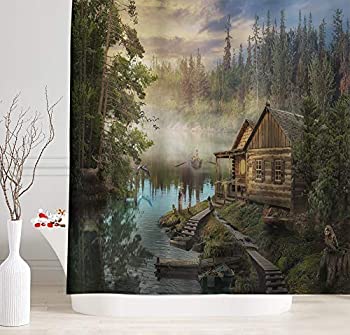 【中古】【輸入品・未使用】NYMB Natural Scenery Lake House Shower Curtain Sets, Wooden Cabin Pine Tree in Magic Forest, Waterproof Fabric Bath Curtain Bathroom Ac