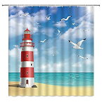 【中古】【輸入品・未使用】Lighthouse Shower Curtain Ocean Beach Seagull Blue Sky White Clouds Simple Blue Red White Bathroom Curtains Decor Polyester Fabric Quic