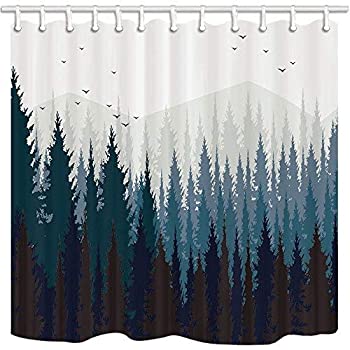 šۡ͢ʡ̤ѡJAWO ZIXCOS Rustic Scenery Shower Curtain, Black Forest Fog Bird Mountain, Polyester Fabric Waterproof Shower Curtain Bathroom, 69X70in