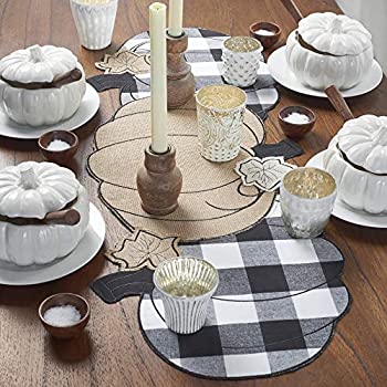 Elrene Home Fashions Farmhouse Living Fall Burlap and Check Pumpkin Centerpiece Runner, 13 inch x 36 inch (Table, Black/White 商品カテ