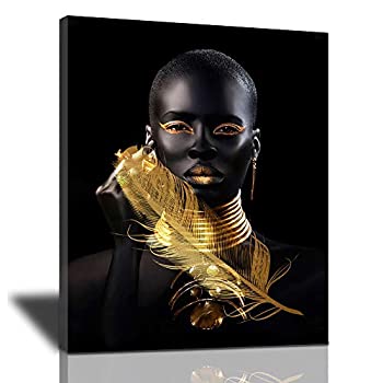 【中古】【輸入品 未使用】African American Wall Art Minimalist Painting, Abstract Gold And Black Woman Poster Canvas Prints Portrait Artwork Modern Home Framed R