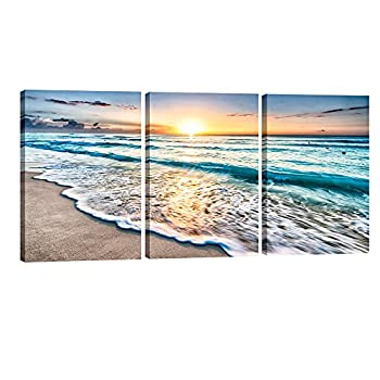 šۡ͢ʡ̤ѡPyradecor 3 Panels Blue Beach Sunrise White Wave Pictures Painting on Canvas Wall Art Modern Stretched Seascape Canvas Prints Seaview L