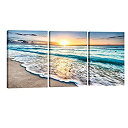 【中古】【輸入品 未使用】Pyradecor 3 Panels Blue Beach Sunrise White Wave Pictures Painting on Canvas Wall Art Modern Stretched Seascape Canvas Prints Seaview L