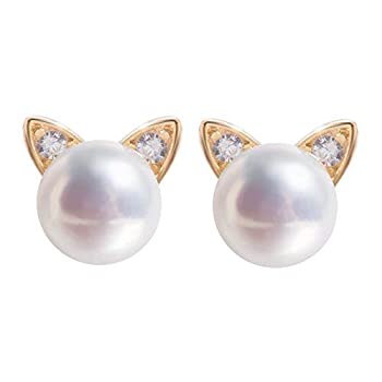 【中古】【輸入品 未使用】Cat Earrings Sterling Silver Freshwater Pearl Stud Earrings Cat Lover Gifts for Women 並行輸入品