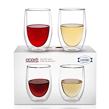 Epar? Wine Glasses - Set of 2 - Insulated Double-Walled Glassware - Stemless Drinking Glass - Red & White Wine Tumblers 