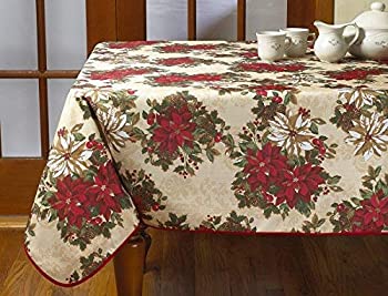 【中古】【輸入品 未使用】Violet Linen European Holiday Christmas Poinsettia Garden Design Printed Oblong/Rectangle Tablecloth, 52 x 70 , Beige 並行輸入品