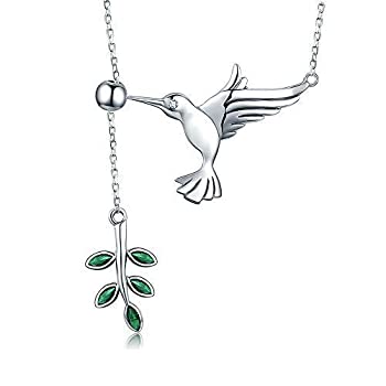 yÁzyAiEgpzCrystal Olive Leaf Hummingbird Necklace for Women Girls 925 Sterling Silver Green Rhinestone Ball Bead Oxidized Bird Pendant Necklace A