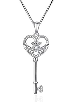 yÁzyAiEgpzVANLAMS Women S925 Sterling Silver Angel Wings Key for Love Heart Pendant Necklace Good Luck Jewelry Gifts [sAi]