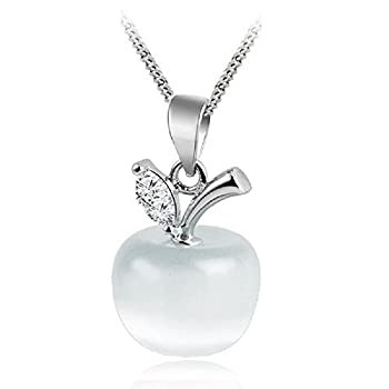 【中古】【輸入品 未使用】Apple Pendant Necklace with Austrian Crystals Simulated White Pink Rose Cat Eye Stone 18K White Gold Plated Jewelry Necklaces for Women